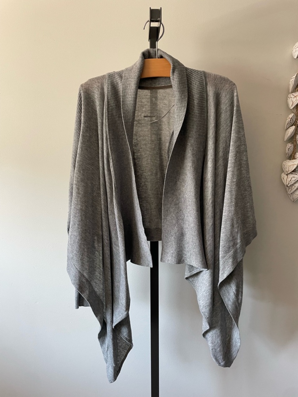 Lululemon Merino Wool Silk Cardigan Wrap Knit Open Sweater High Low Draped Grey